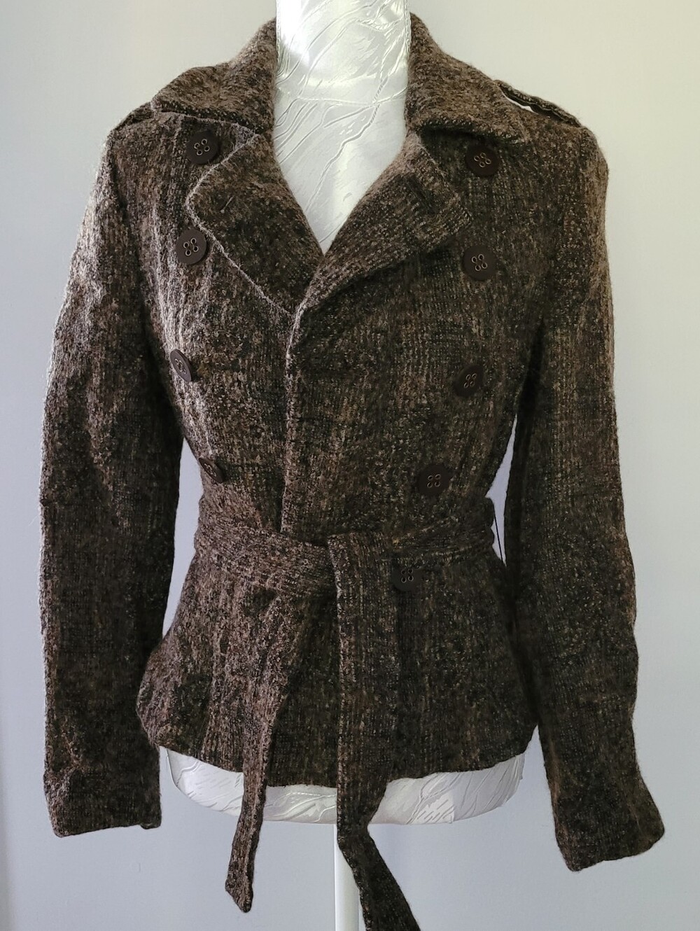 Virgin Wool Made In Spain. Double-Breasted Knit Belted Blazer
